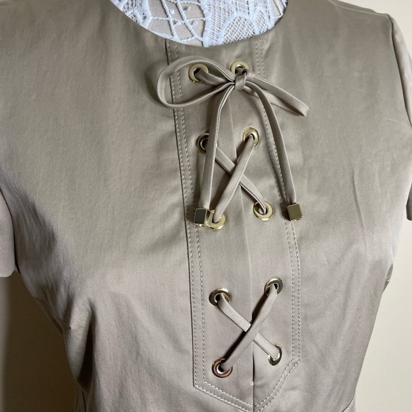 NWT PAULE KA Lace Up Short Sleeve Dress Beige size FR 44 US 14 (Large) - Picture 5 of 7